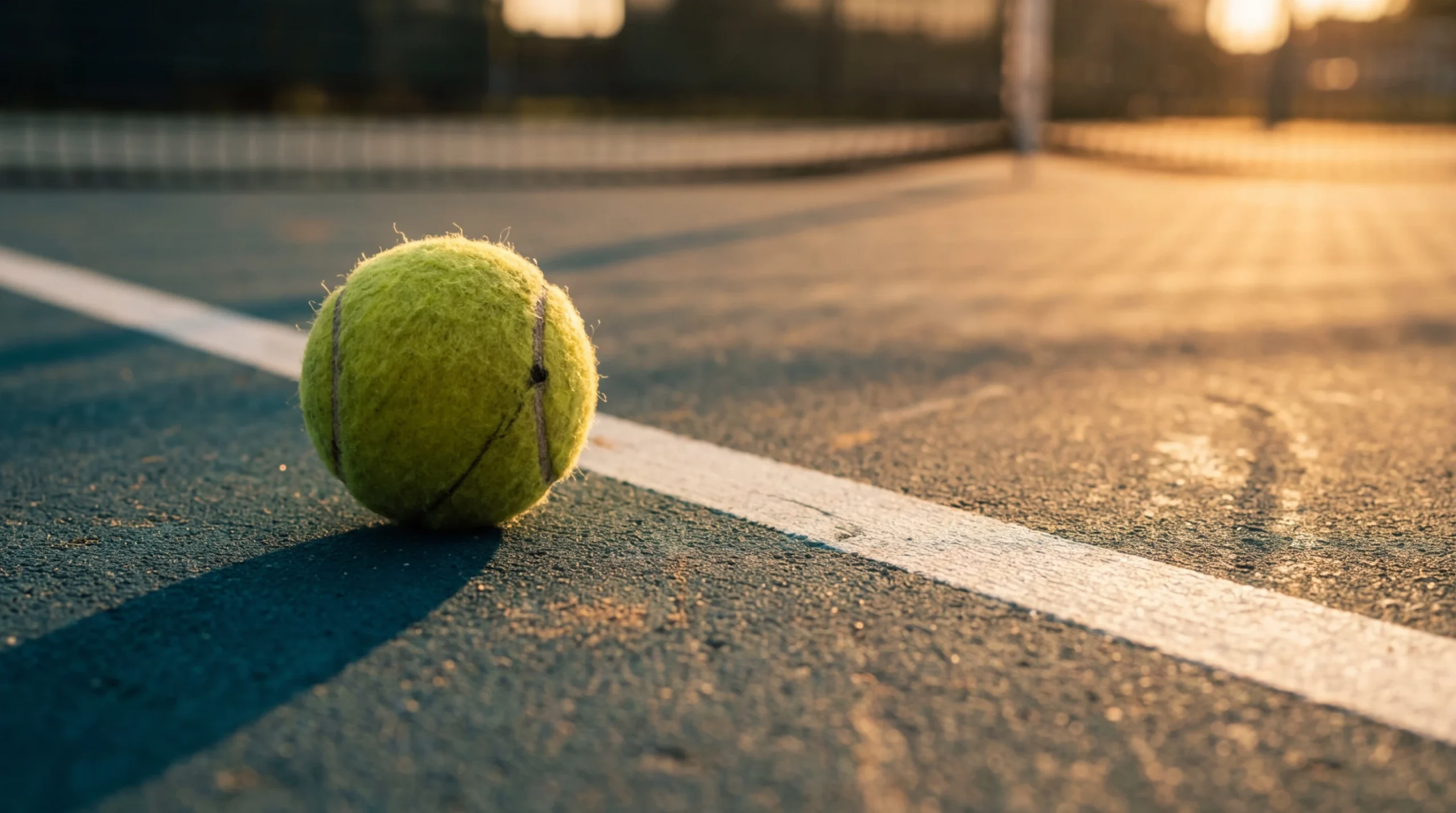 Sportwetten Tennis — Tennisball auf Hartplatz mit Netz und Linien im Abendlicht