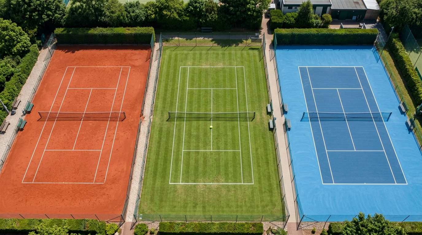 Tennisplatz mit drei verschiedenen Belägen — Sand, Rasen und Hartplatz nebeneinander