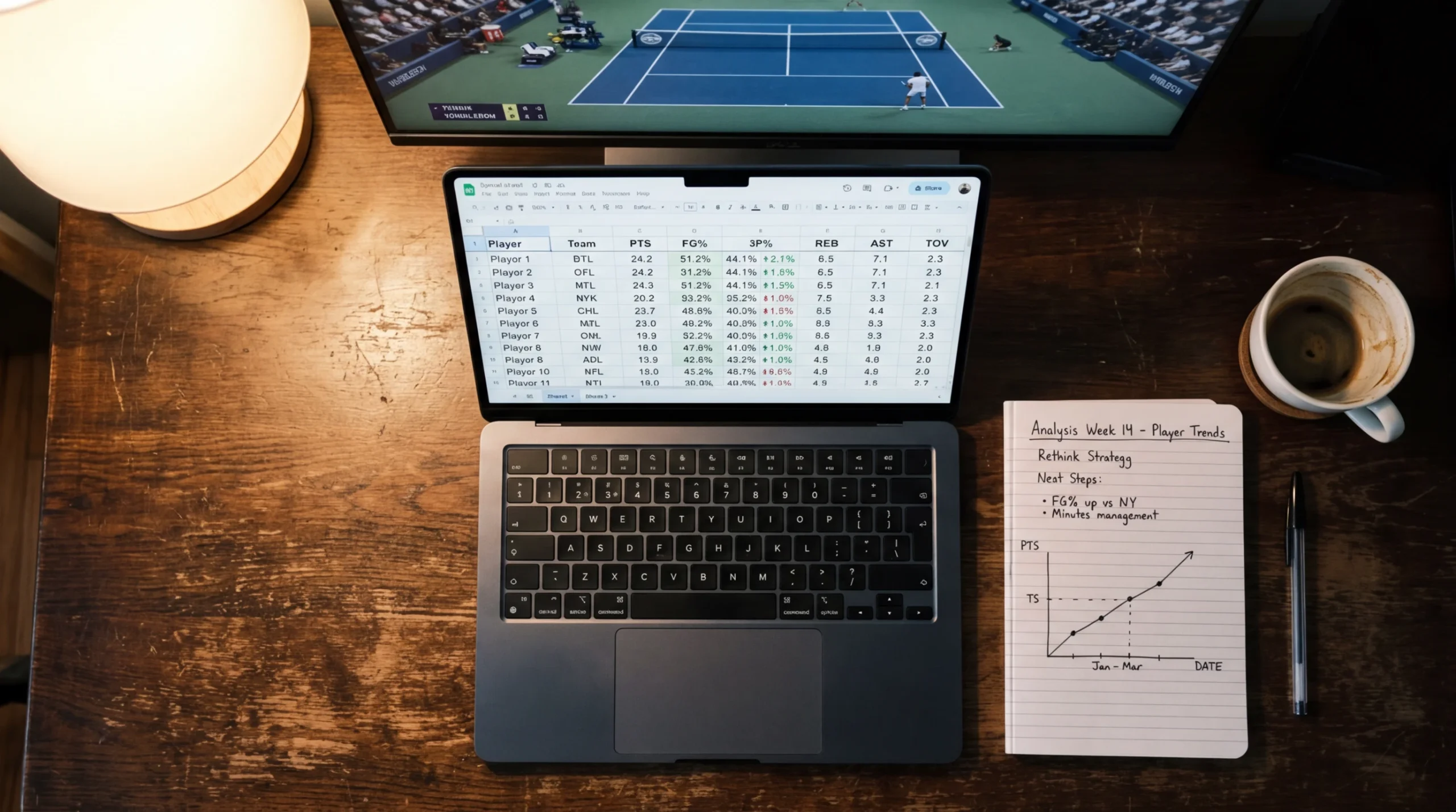Laptop mit Tennisstatistiken und Notizbuch — Analyse-Workflow für Tenniswetten