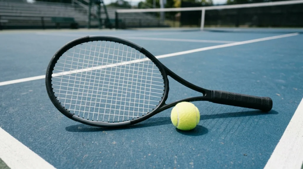 Tennisschläger und Ball auf einem Hartplatz als Symbol für ATP-Herrentennis