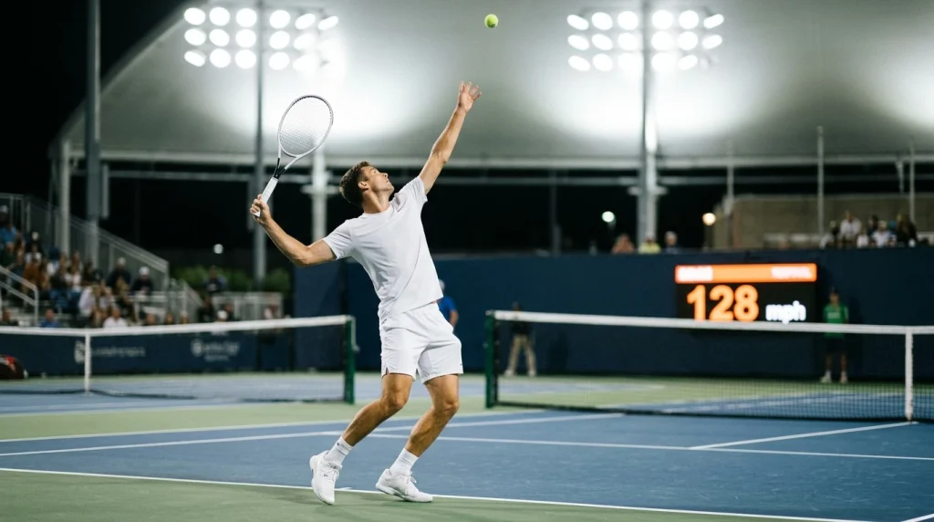 Tennisspieler beim Aufschlag mit Geschwindigkeitsanzeige auf Hartplatz