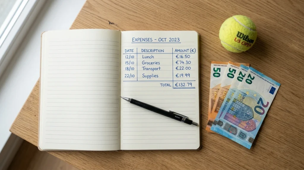 Notizbuch mit Einsatzplanung und Staking-Berechnung für Tenniswetten