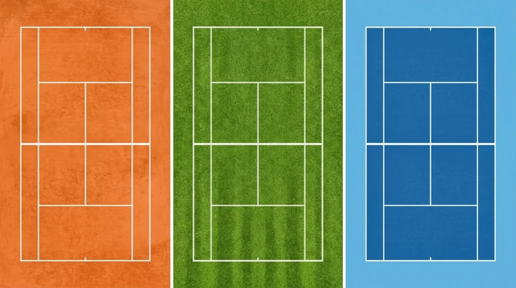 Drei Tennisplätze mit Sand Rasen und Hartplatz nebeneinander