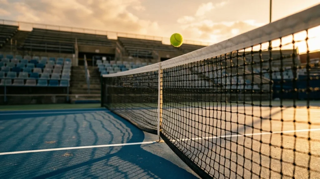 Tennisspieler beim Return mit Break-Situation auf dem Platz
