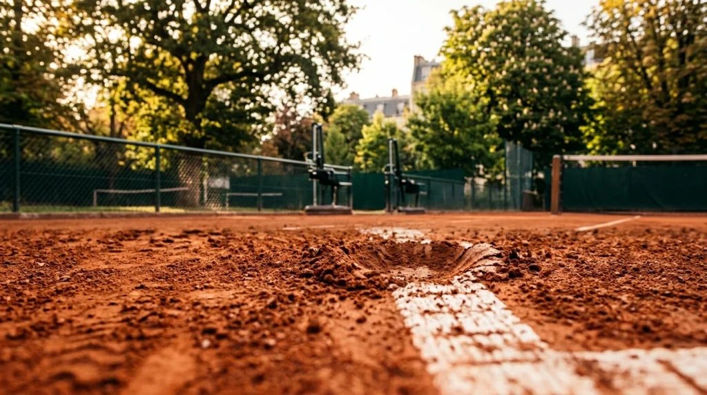 Roter Sandplatz mit Tennislinien und Ballabdruck bei Roland Garros