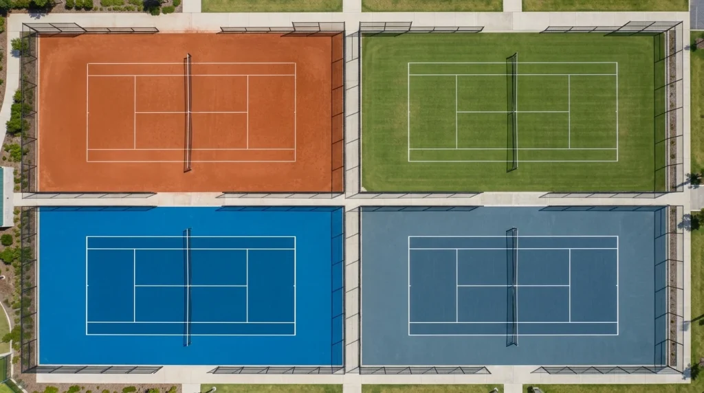 Vier verschiedene Tennisbeläge nebeneinander als Symbol für die Grand-Slam-Turniere