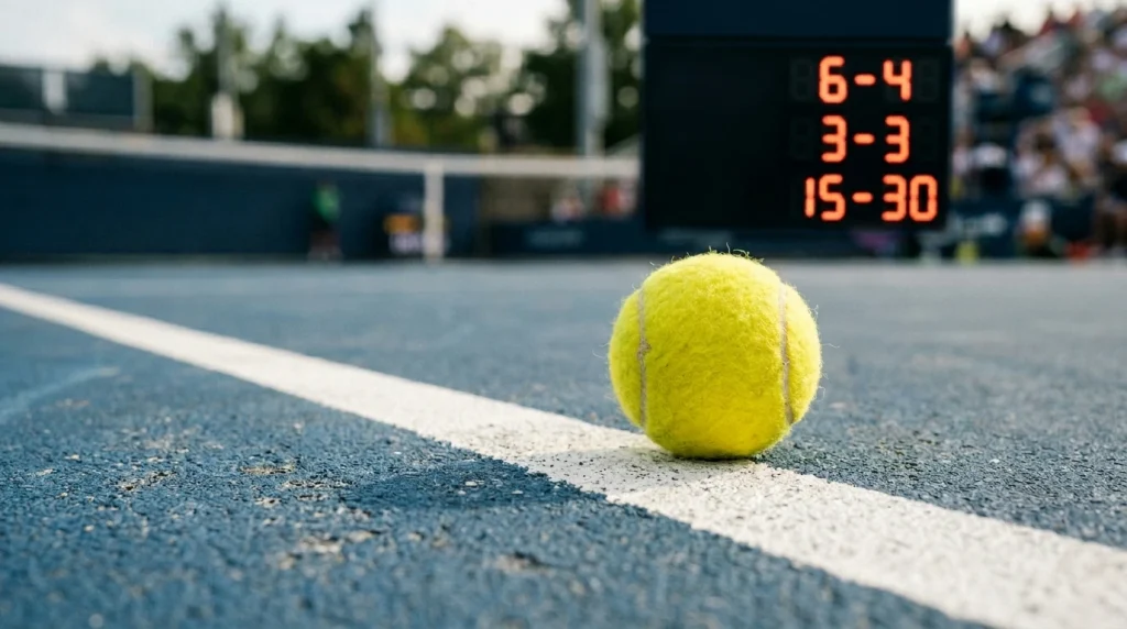 Tennisball auf einer Spielfeldlinie mit Handicap-Anzeige auf einem Scoreboard