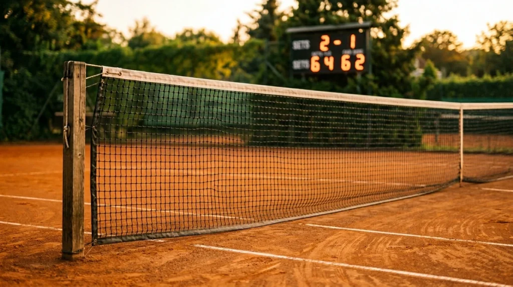 Tennisspieler beim Satzball am Netz mit Ergebnisanzeige im Hintergrund