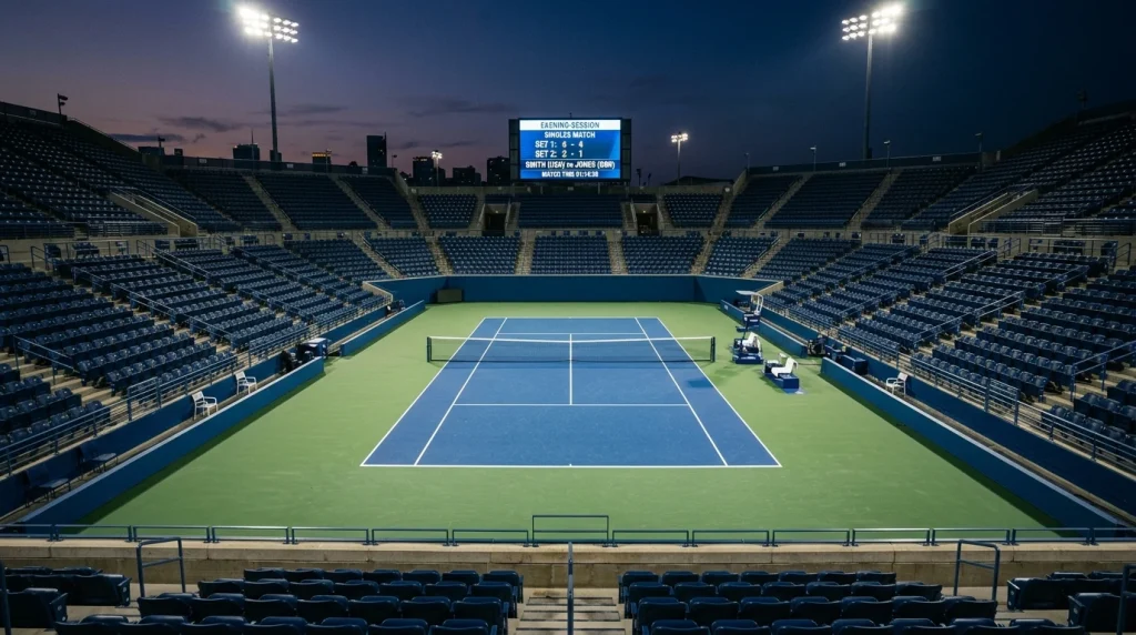 Tennisplatz mit Scoreboard und Game-Anzeige für Über/Unter-Wetten