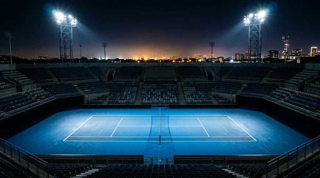 Beleuchteter Hartplatz bei einer Nacht-Session im US Open Stil