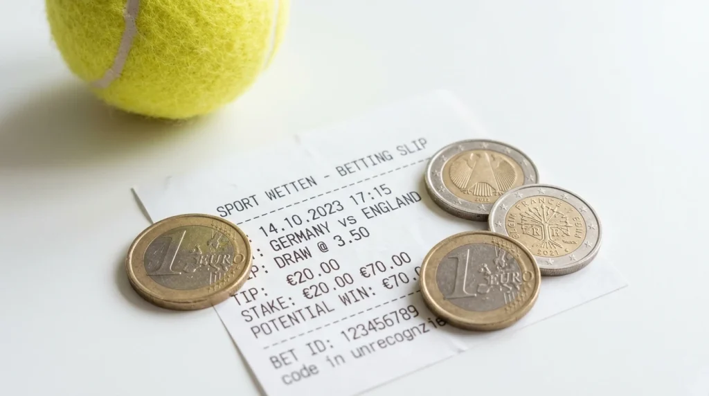 Deutsche Euromünzen neben einem Wettschein für Tenniswetten