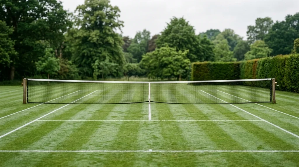 Gepflegter Rasen-Tennisplatz mit weißen Linien und Netz im Wimbledon-Stil