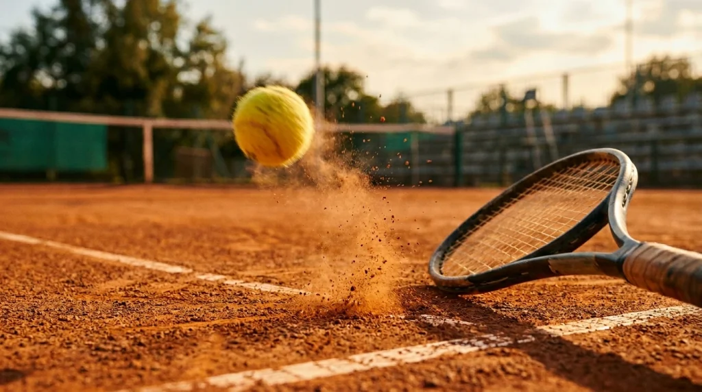 Tennisball und Schläger auf einem Sandplatz für WTA-Damentennis